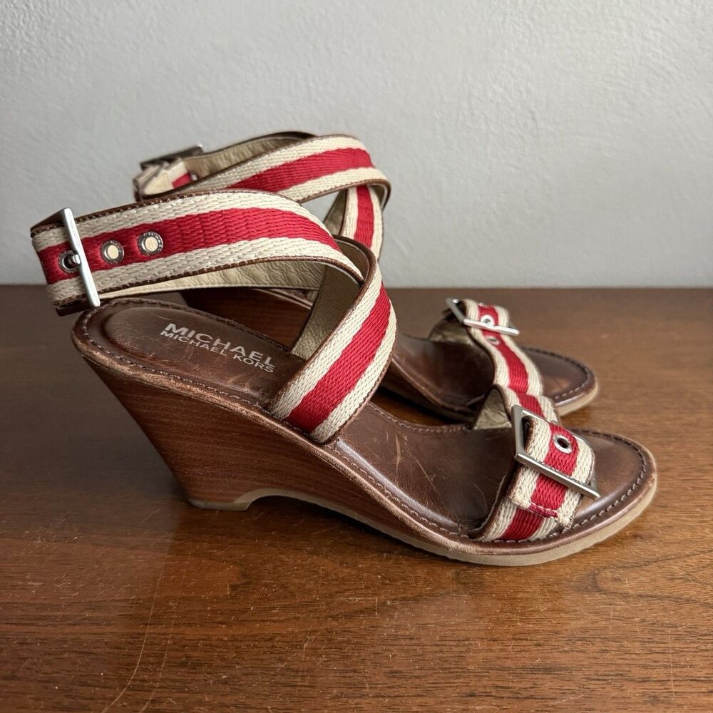 Michael Kors Leather Wedge Ankle Buckle Strap Sandals Shoe Sz 6.5 Red Stripe